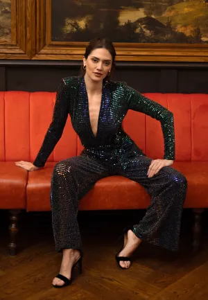 Multicolour Sequin Faux Wrap Long Sleeve Cocktail Jumpsuit