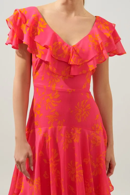 Neon-Pink Sunburst Ruffle Tiered Sinclair Midi Dress