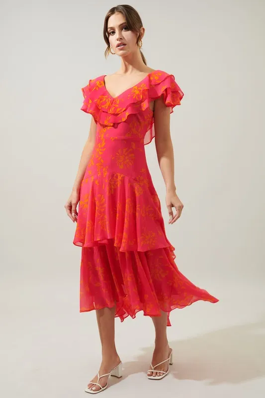 Neon-Pink Sunburst Ruffle Tiered Sinclair Midi Dress