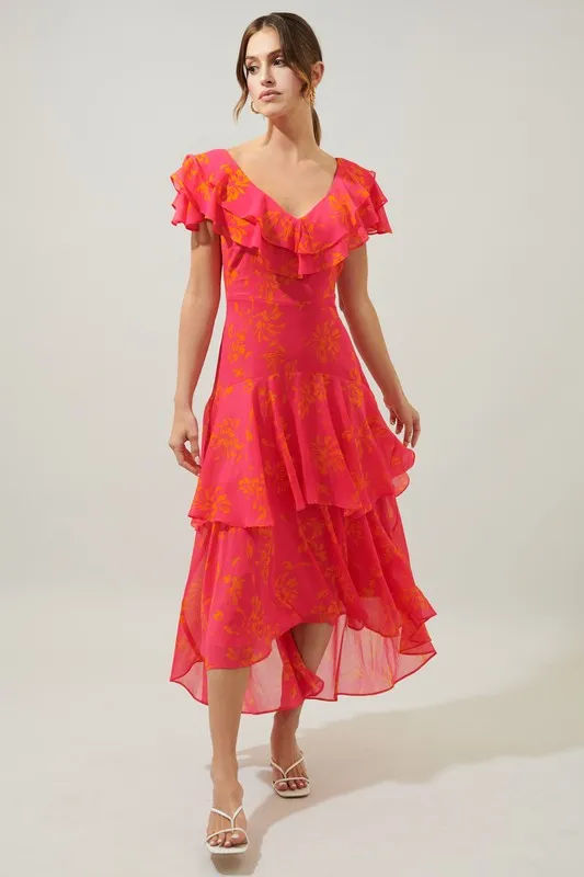 Neon-Pink Sunburst Ruffle Tiered Sinclair Midi Dress