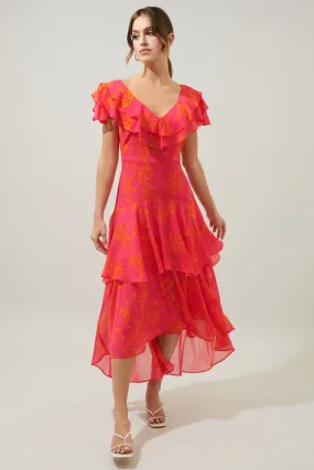 Neon-Pink Sunburst Ruffle Tiered Sinclair Midi Dress