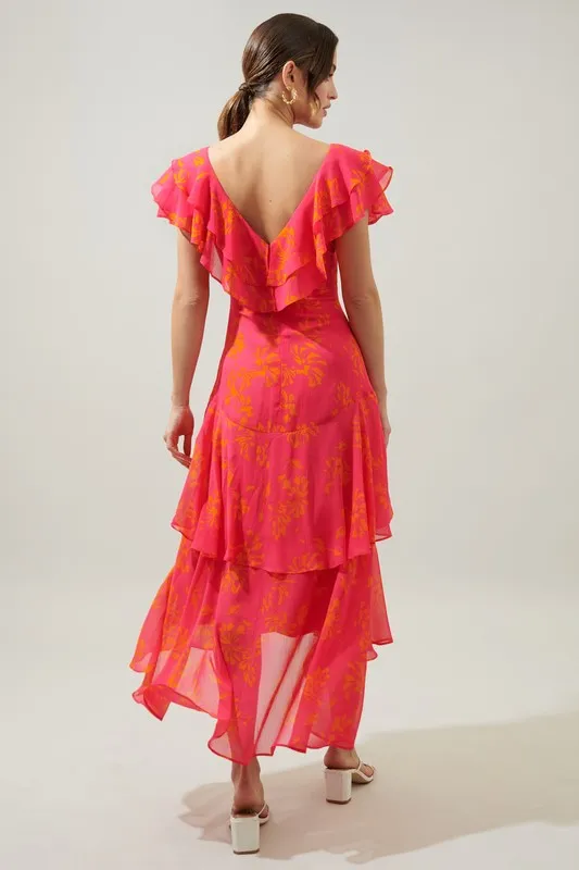 Neon-Pink Sunburst Ruffle Tiered Sinclair Midi Dress