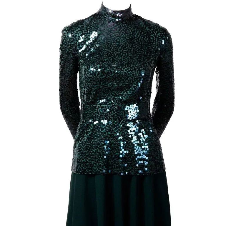 Norman Norell Vintage 2 Piece Evening Dress in Green W/ Sequins