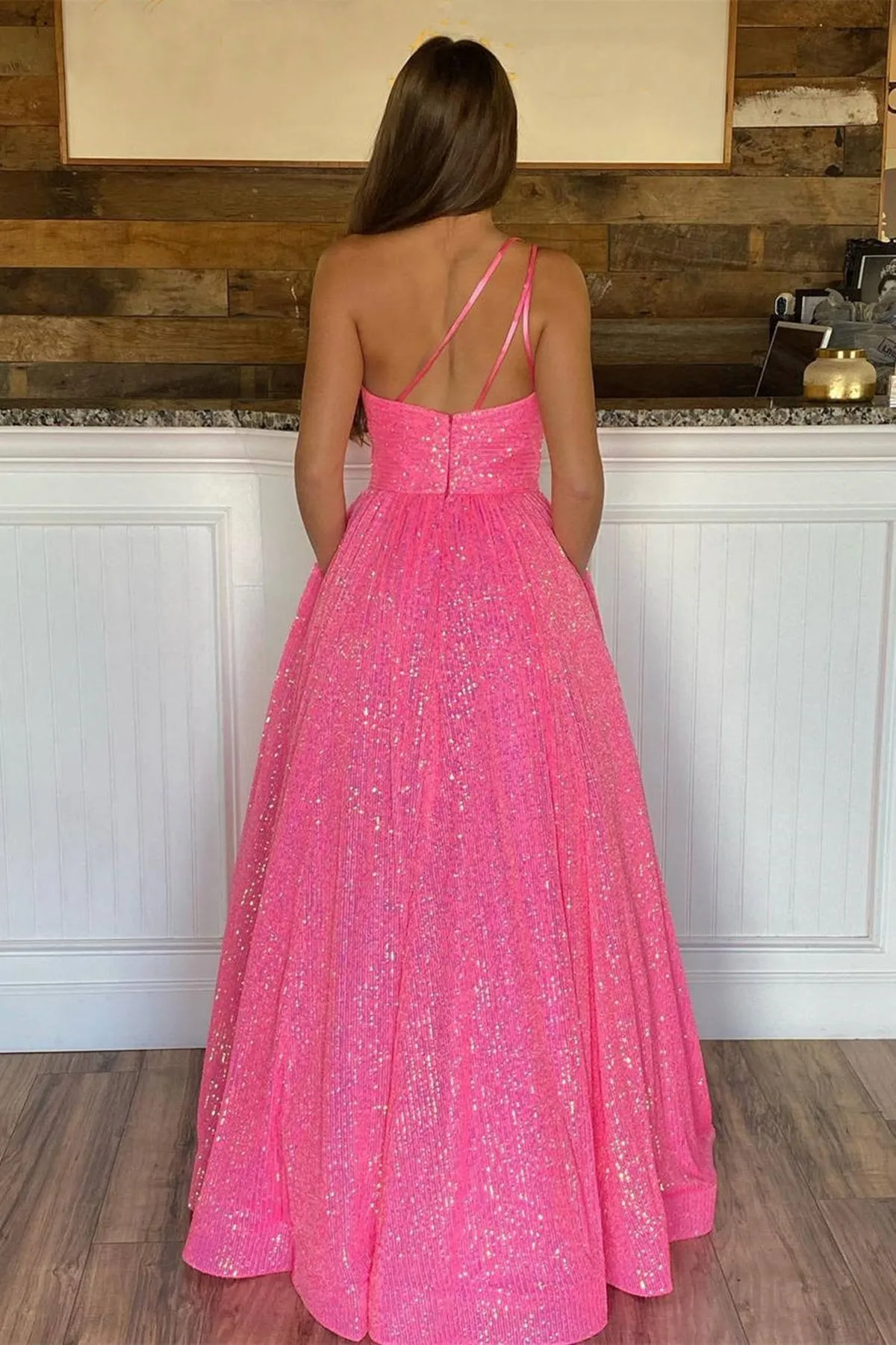 One Shoulder Shiny Sequins Hot Pink/Dark Blue Long Prom Dress, Open Back Hot Pink/Dark Blue Formal Graduation Evening Dress A1533