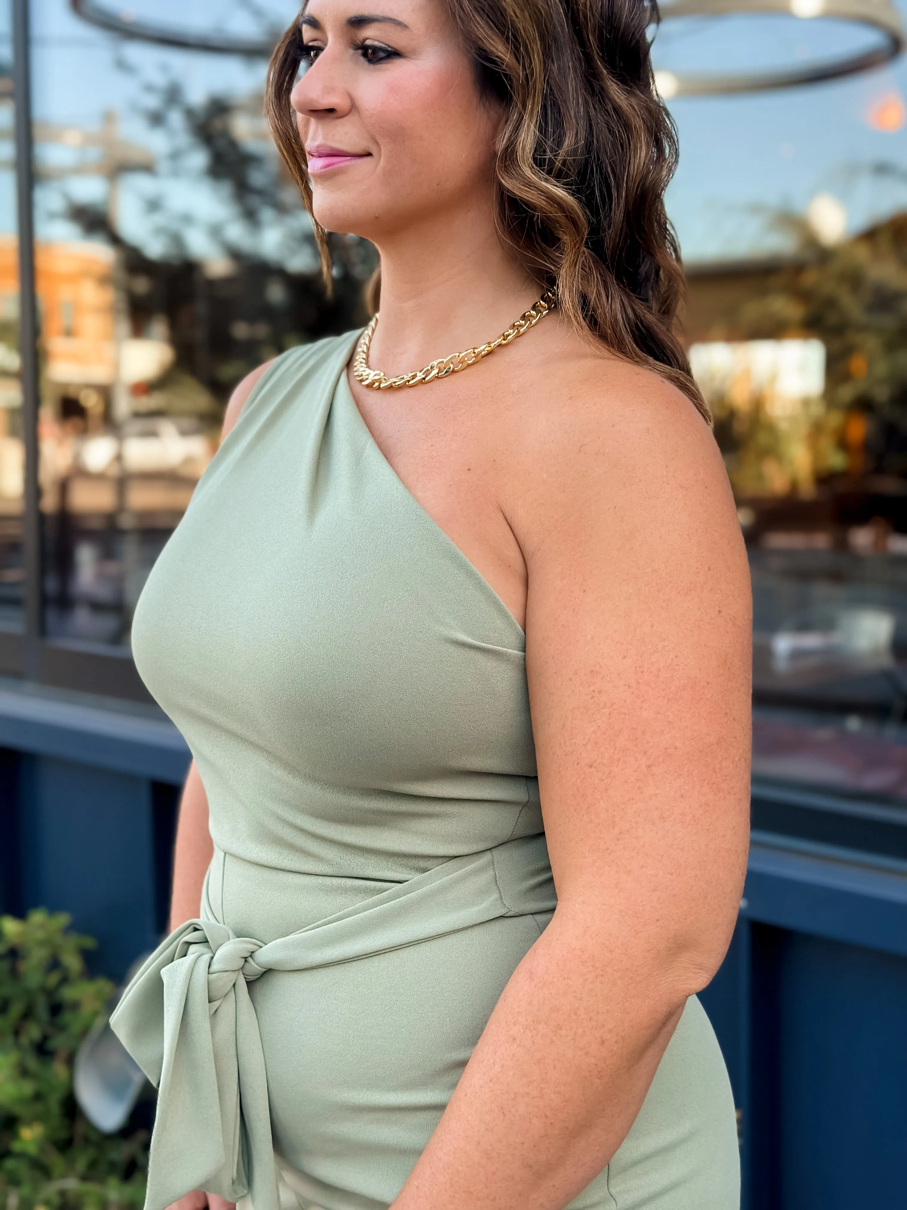 One Shoulder Tie Jumpsuit - Sage