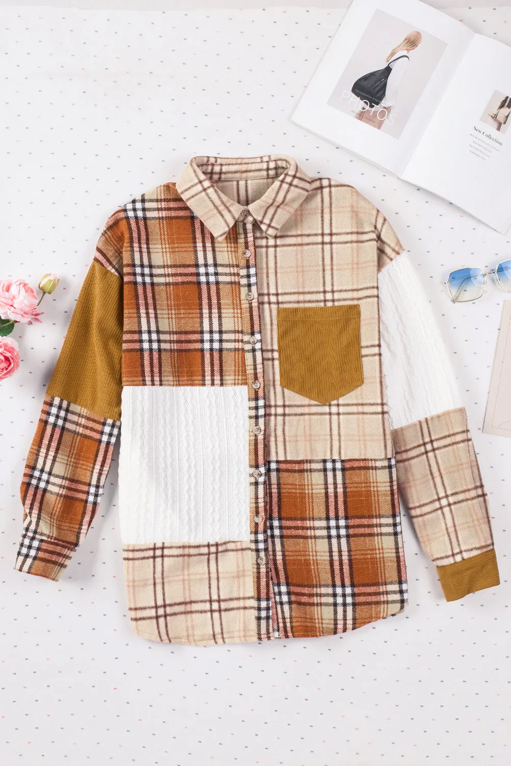 Orange Plaid Color Block Patchwork Shirt Jacket with Pocket