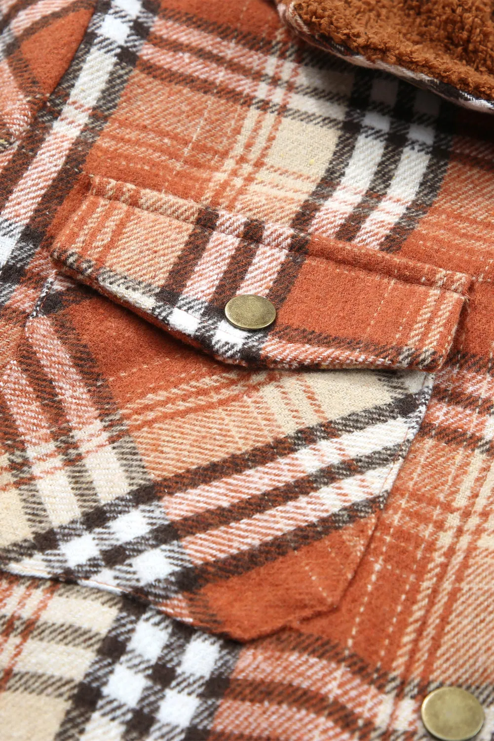 Orange Plaid Pattern Sherpa Lined Hooded Shacket