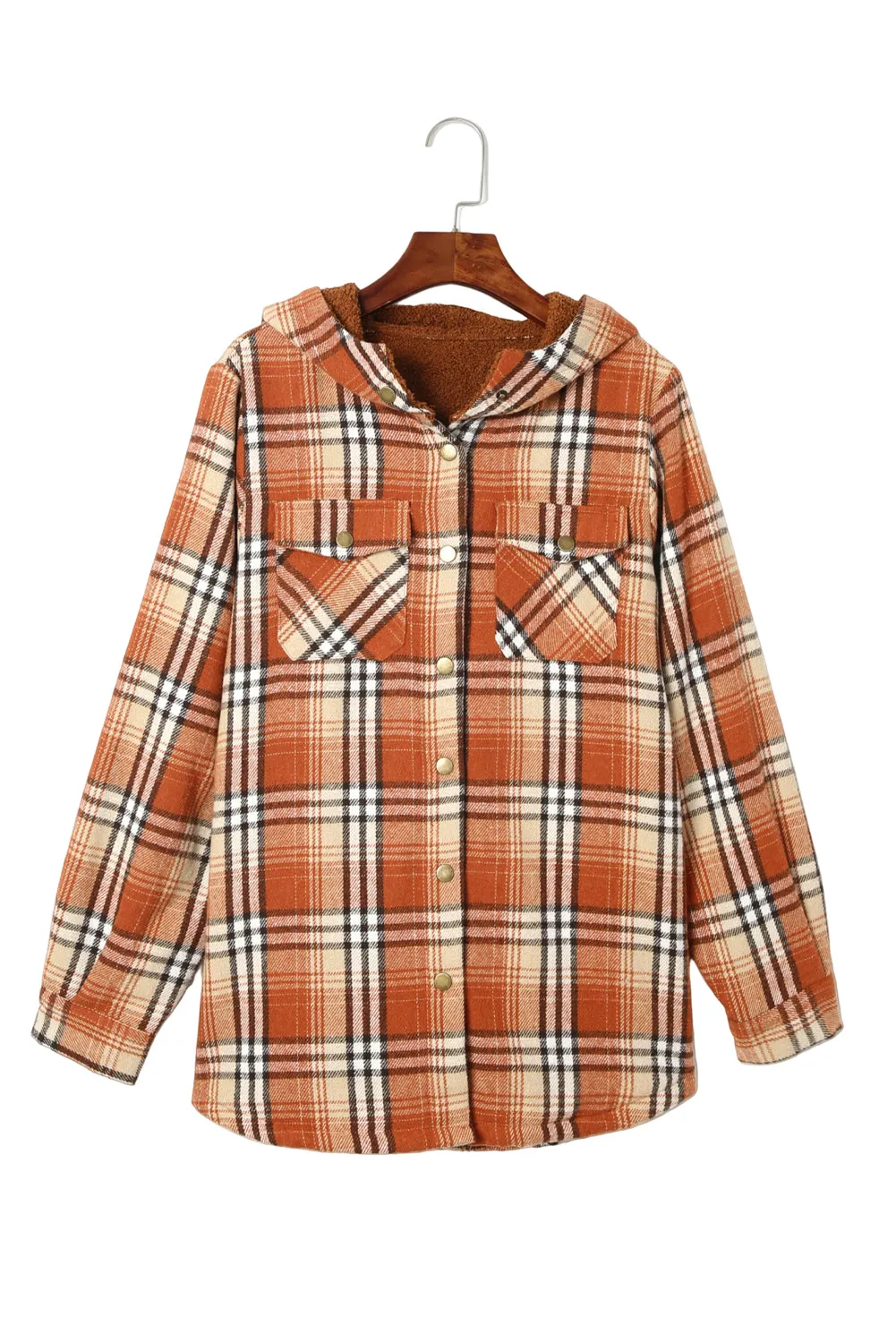 Orange Plaid Pattern Sherpa Lined Hooded Shacket