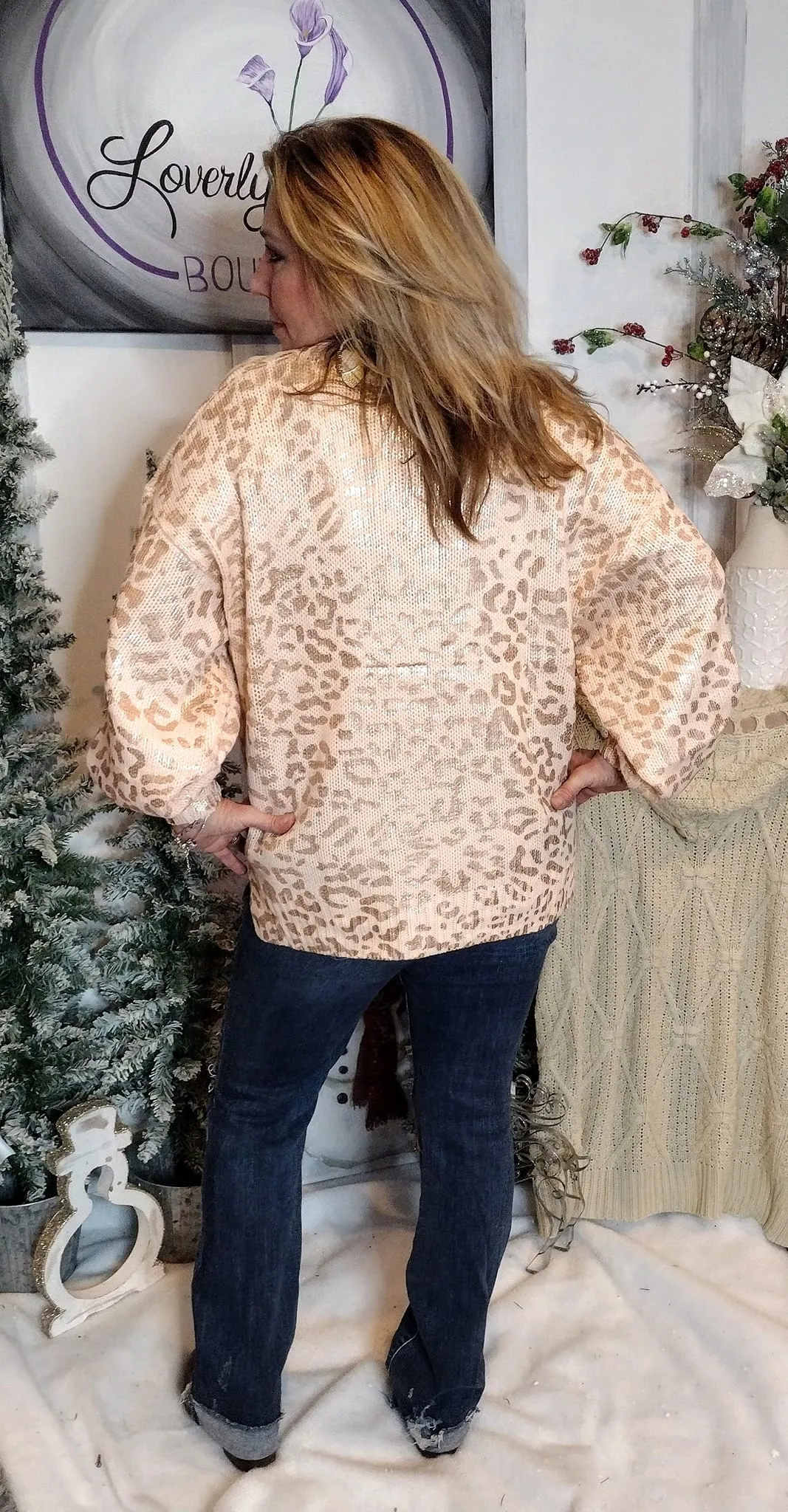 Paisley Peach Leopard Printed Balloon Sleeve Sweater.