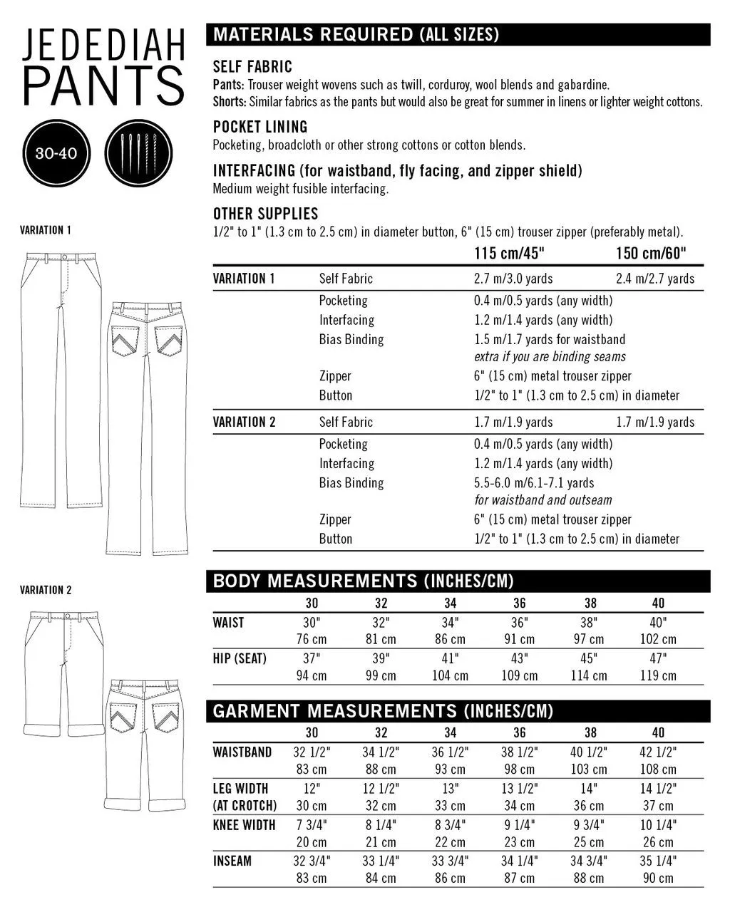 Pattern for Garment Making: Jedediah Pants & Shorts by Thread Theory Designs Inc. - Printed Pattern