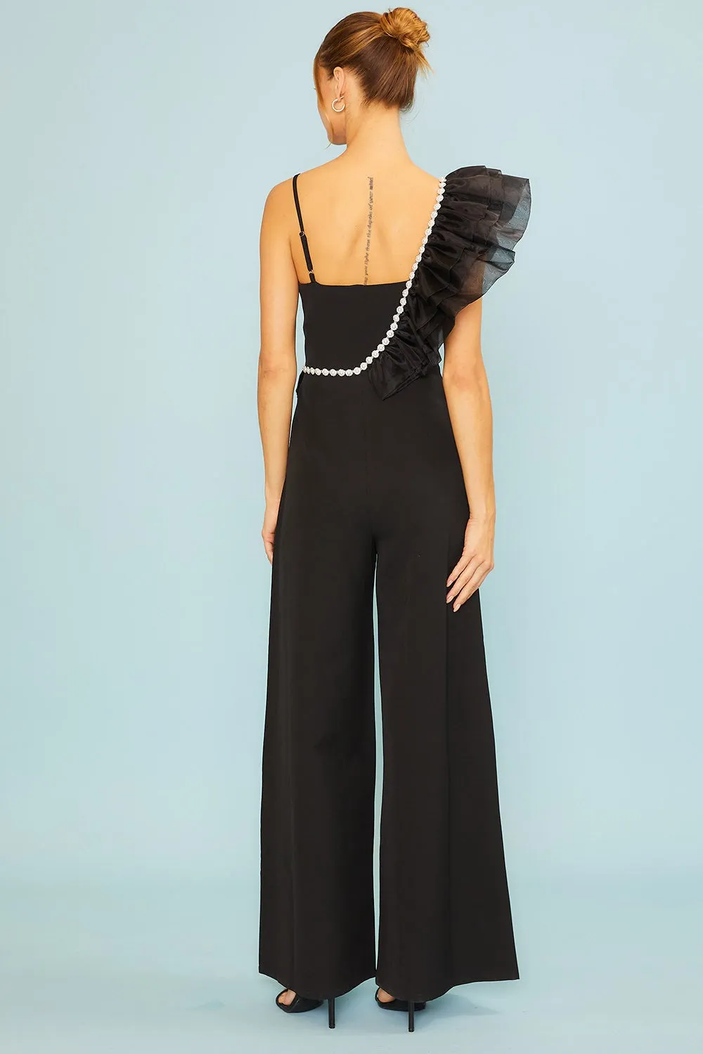 Pearl Ruffle Trim Black Jumpsuit