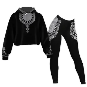 Printed Dashiki Color Black Cropped Hoodie and Leggings Set