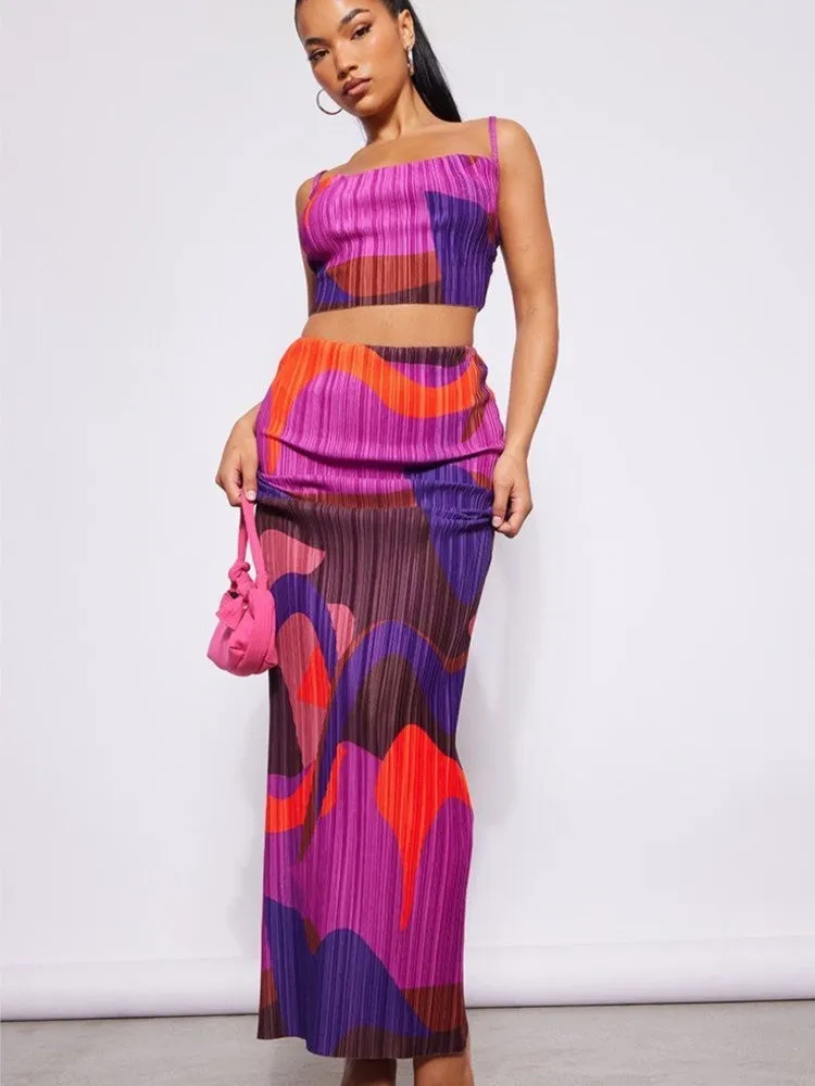 Printed Pleated Top And Skirt Set - Culture Heaven Special