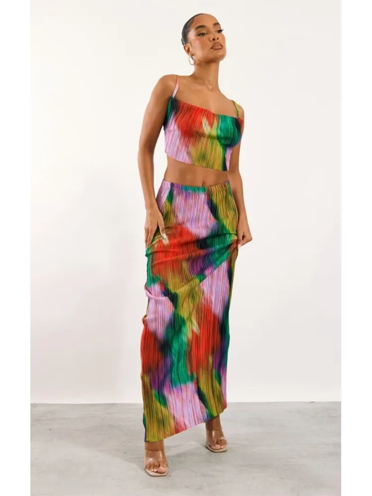 Printed Pleated Top And Skirt Set - Culture Heaven Special