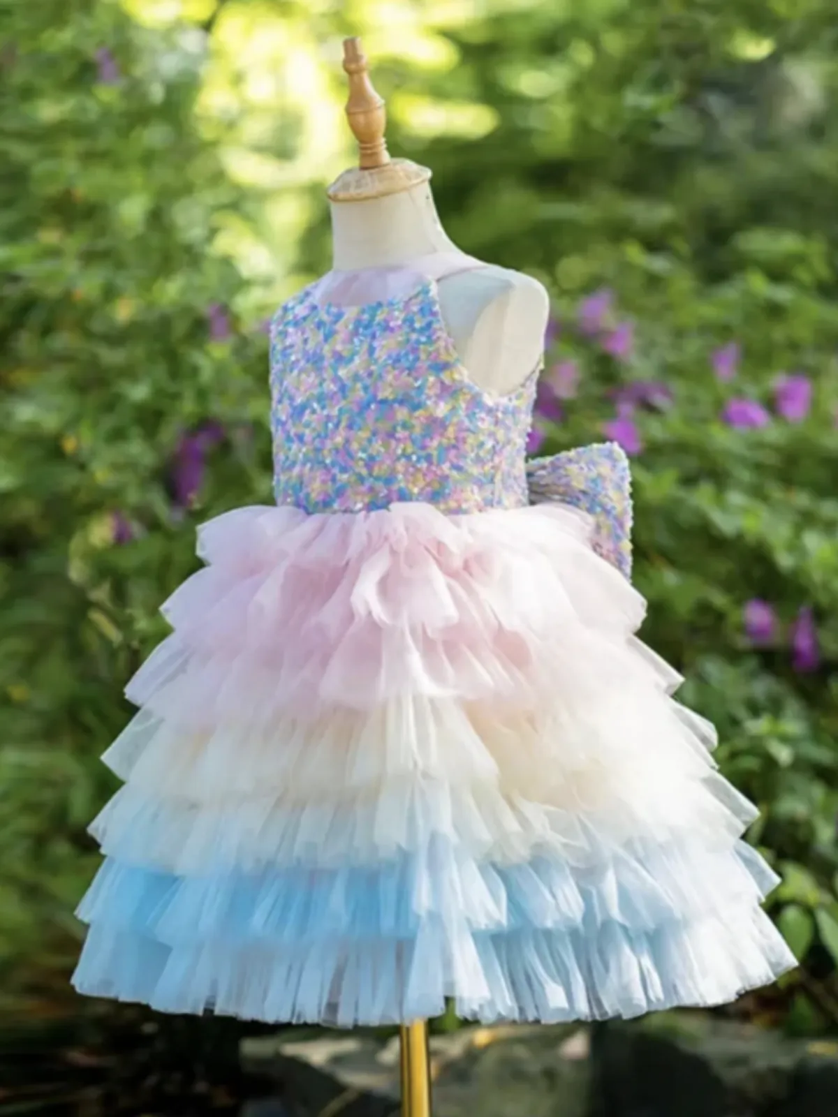 Rainbow Sequined Princess Evening Gown with Layered Tulle Skirt