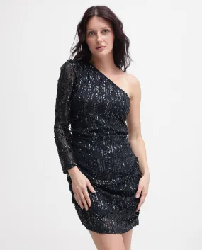 Rareism Women Vegas Metallic Navy Knit One Shoulder Sequined Dress