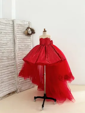 Red Sequin Hi-Low Lace Tulle Detachable Train Flower Girl Dress Birthday Party Dress