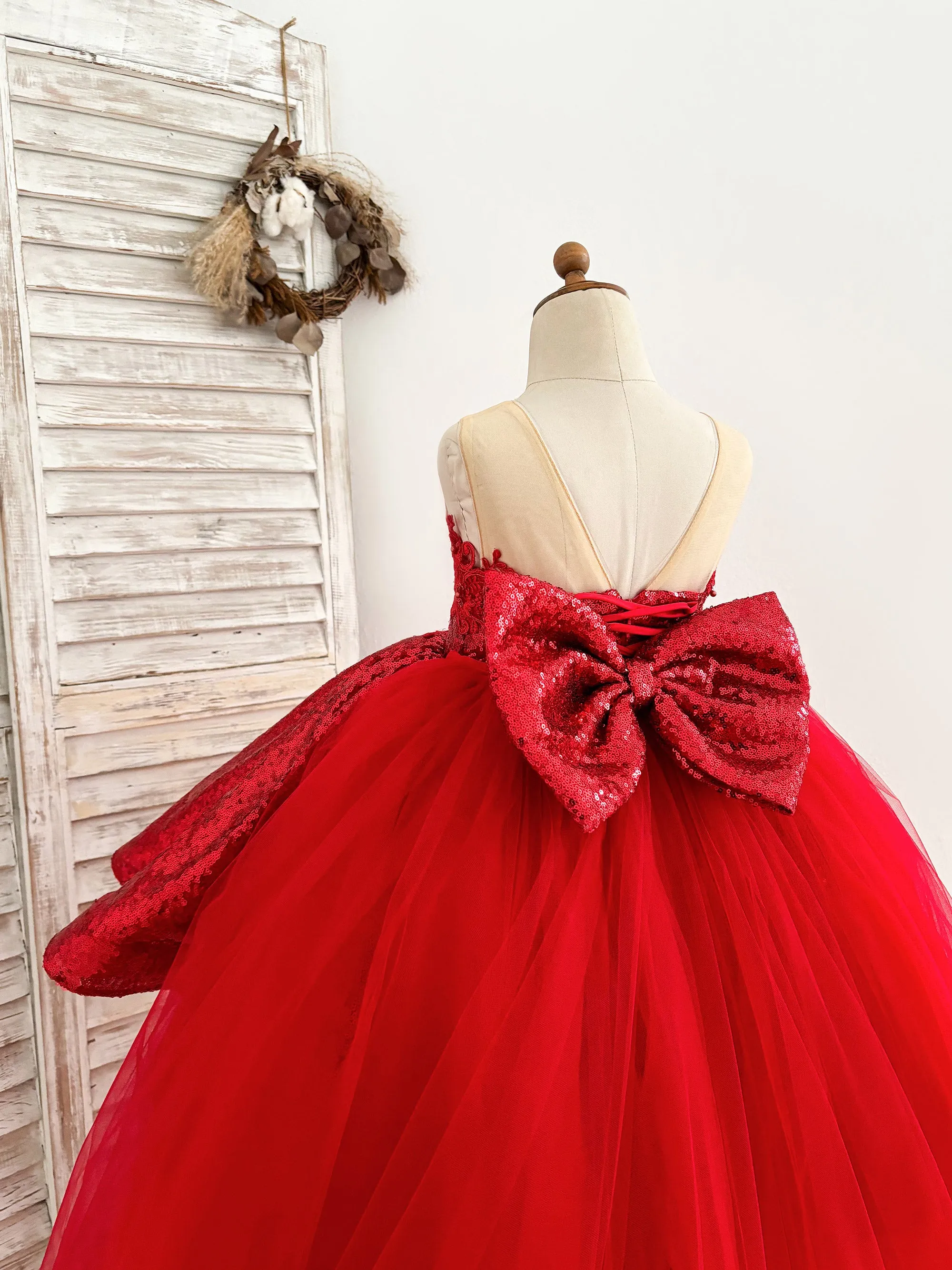 Red Sequin Hi-Low Lace Tulle Detachable Train Flower Girl Dress Birthday Party Dress