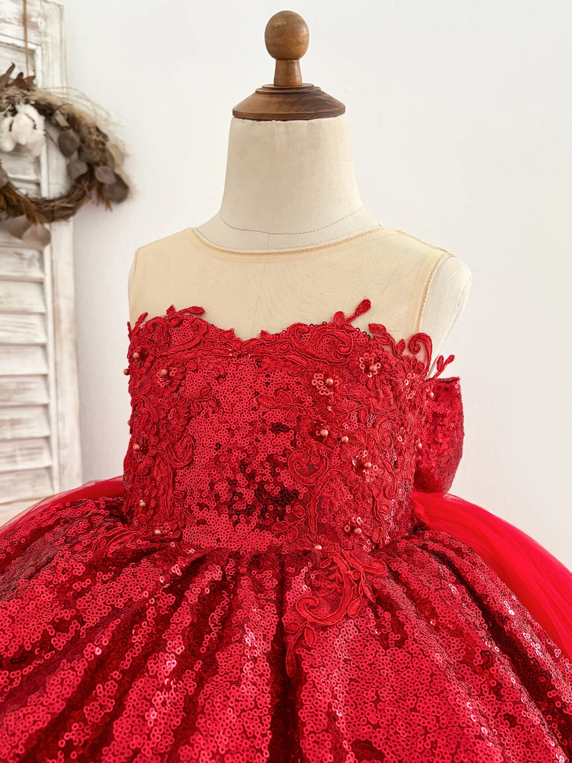 Red Sequin Hi-Low Lace Tulle Detachable Train Flower Girl Dress Birthday Party Dress