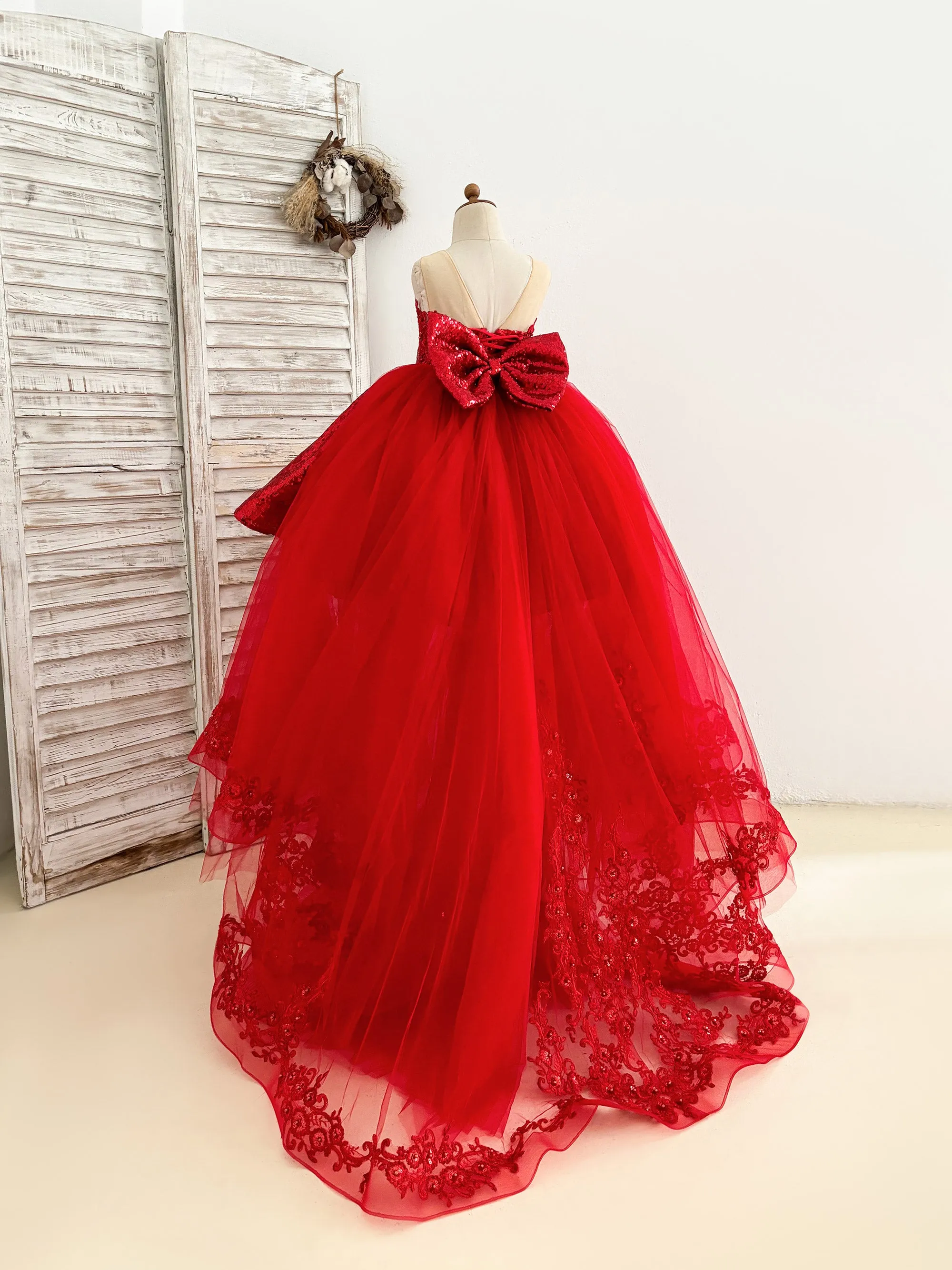 Red Sequin Hi-Low Lace Tulle Detachable Train Flower Girl Dress Birthday Party Dress