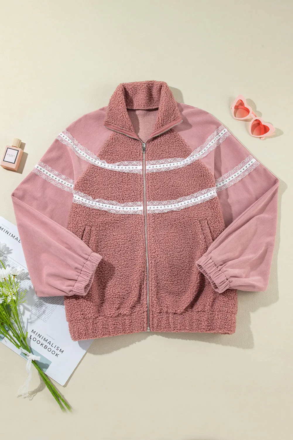 Rose Pink Sherpa Patchwork Lace Elastic Cuff Zip Up Jacket