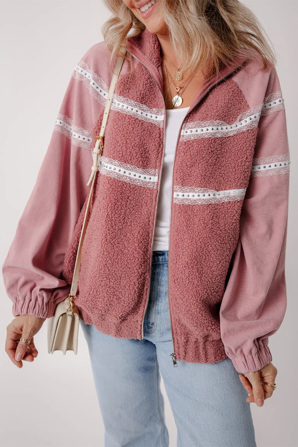 Rose Pink Sherpa Patchwork Lace Elastic Cuff Zip Up Jacket