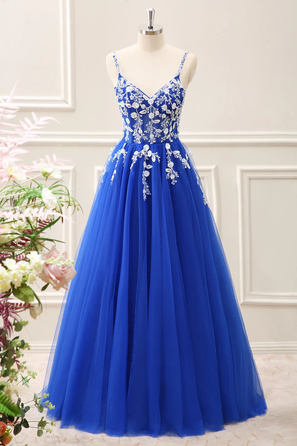 Royal Blue Corset Sequined A Line Tulle Maxi Dress with Appliques