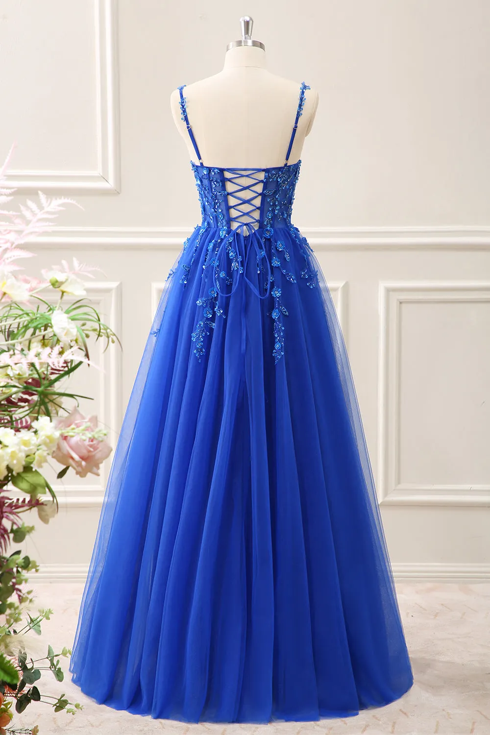 Royal Blue Corset Sequined A Line Tulle Maxi Dress with Appliques