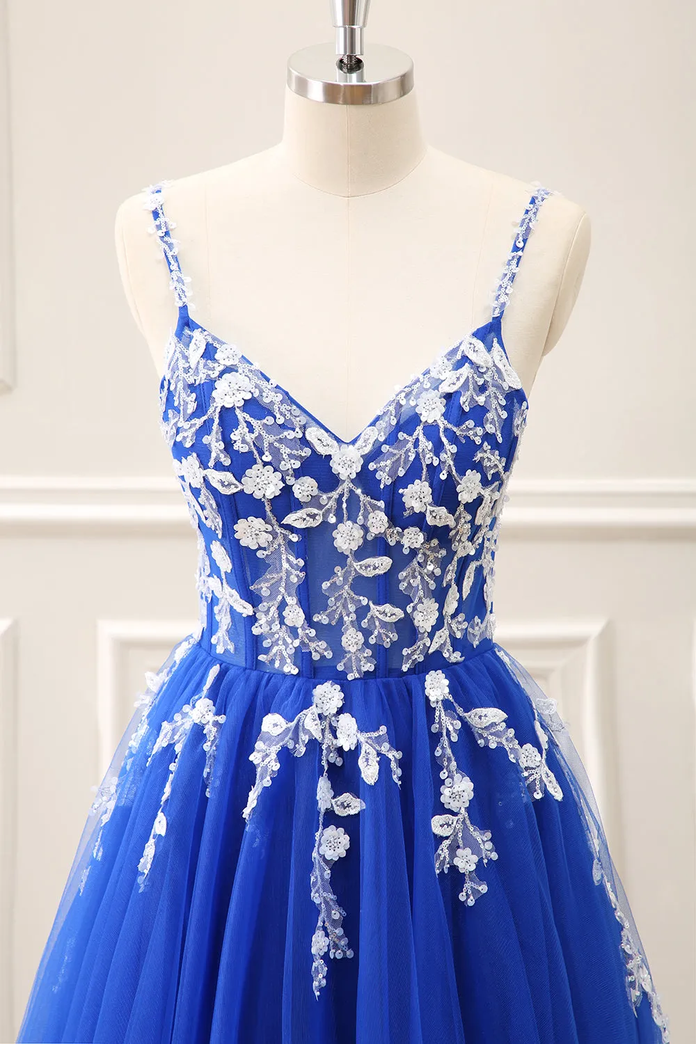 Royal Blue Corset Sequined A Line Tulle Maxi Dress with Appliques