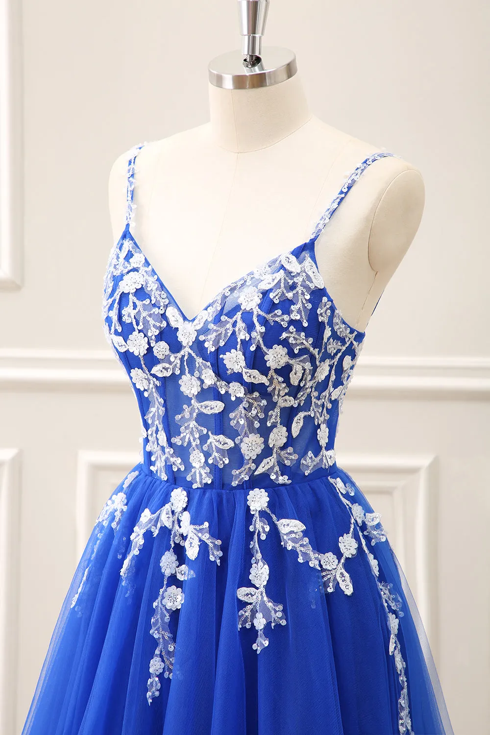 Royal Blue Corset Sequined A Line Tulle Maxi Dress with Appliques