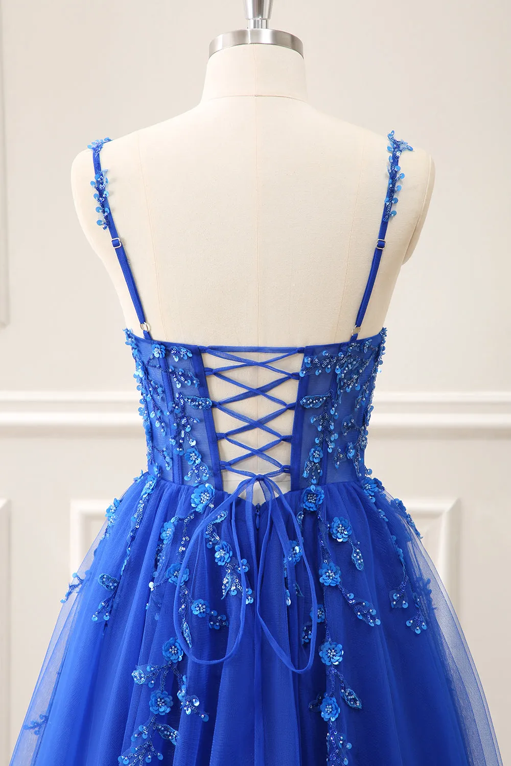 Royal Blue Corset Sequined A Line Tulle Maxi Dress with Appliques