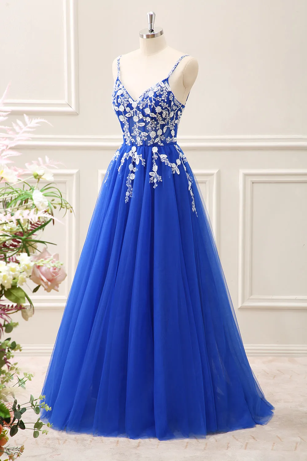 Royal Blue Corset Sequined A Line Tulle Maxi Dress with Appliques