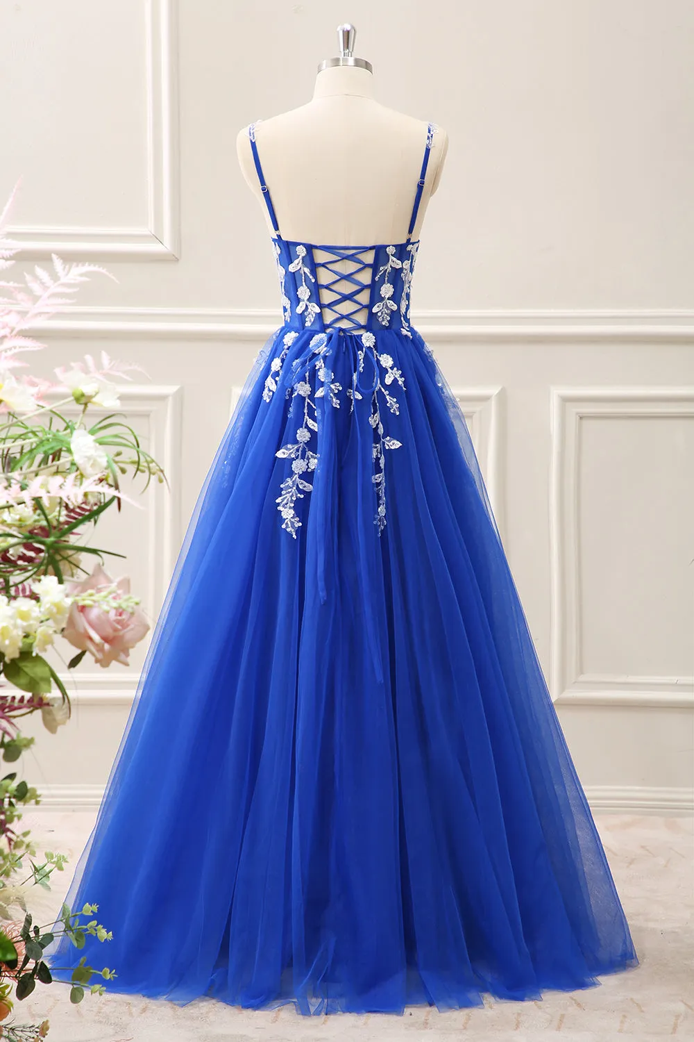 Royal Blue Corset Sequined A Line Tulle Maxi Dress with Appliques