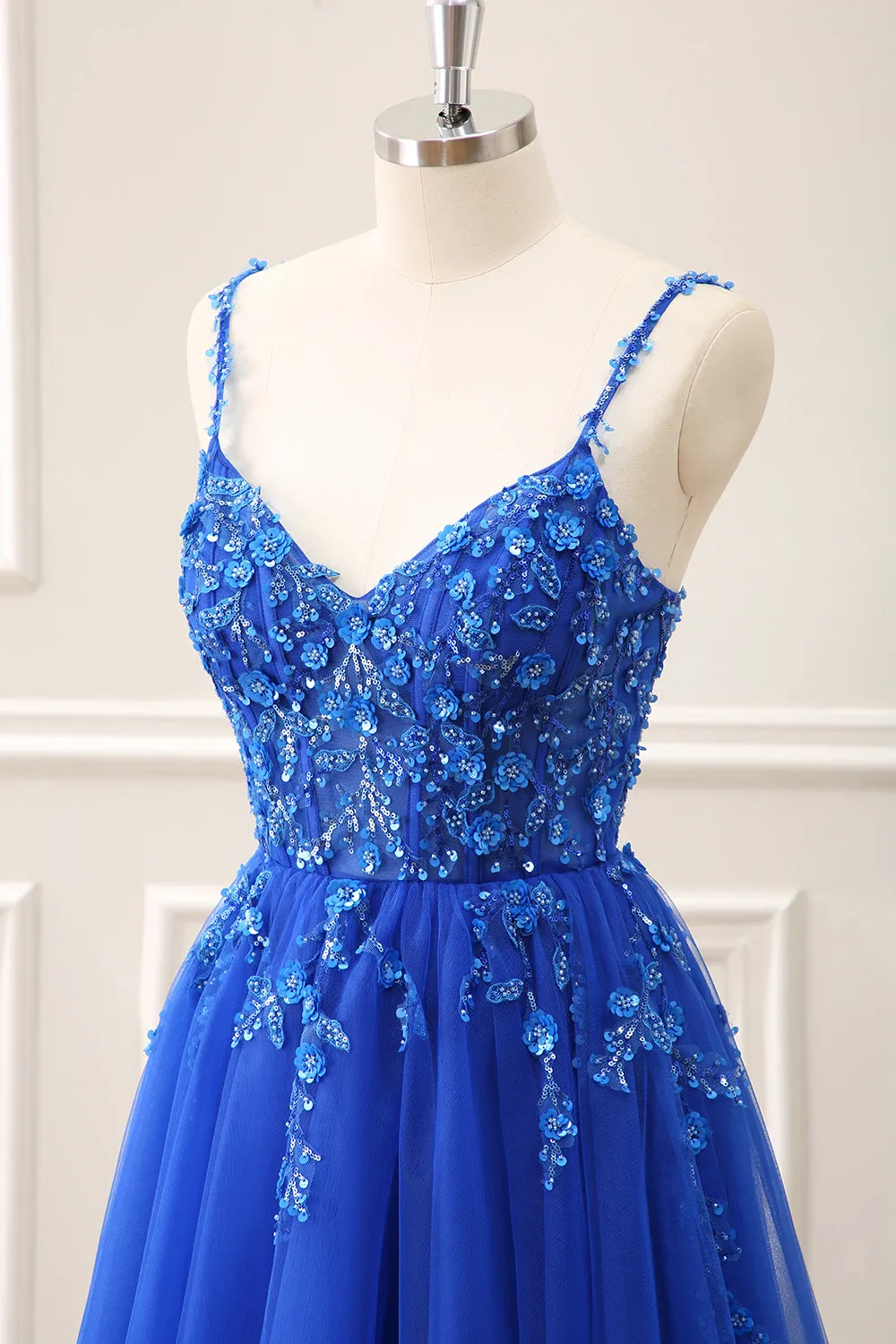 Royal Blue Corset Sequined A Line Tulle Maxi Dress with Appliques