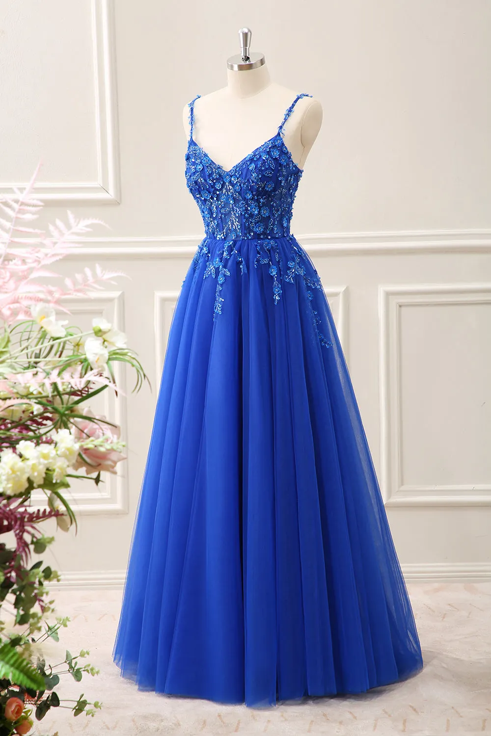 Royal Blue Corset Sequined A Line Tulle Maxi Dress with Appliques