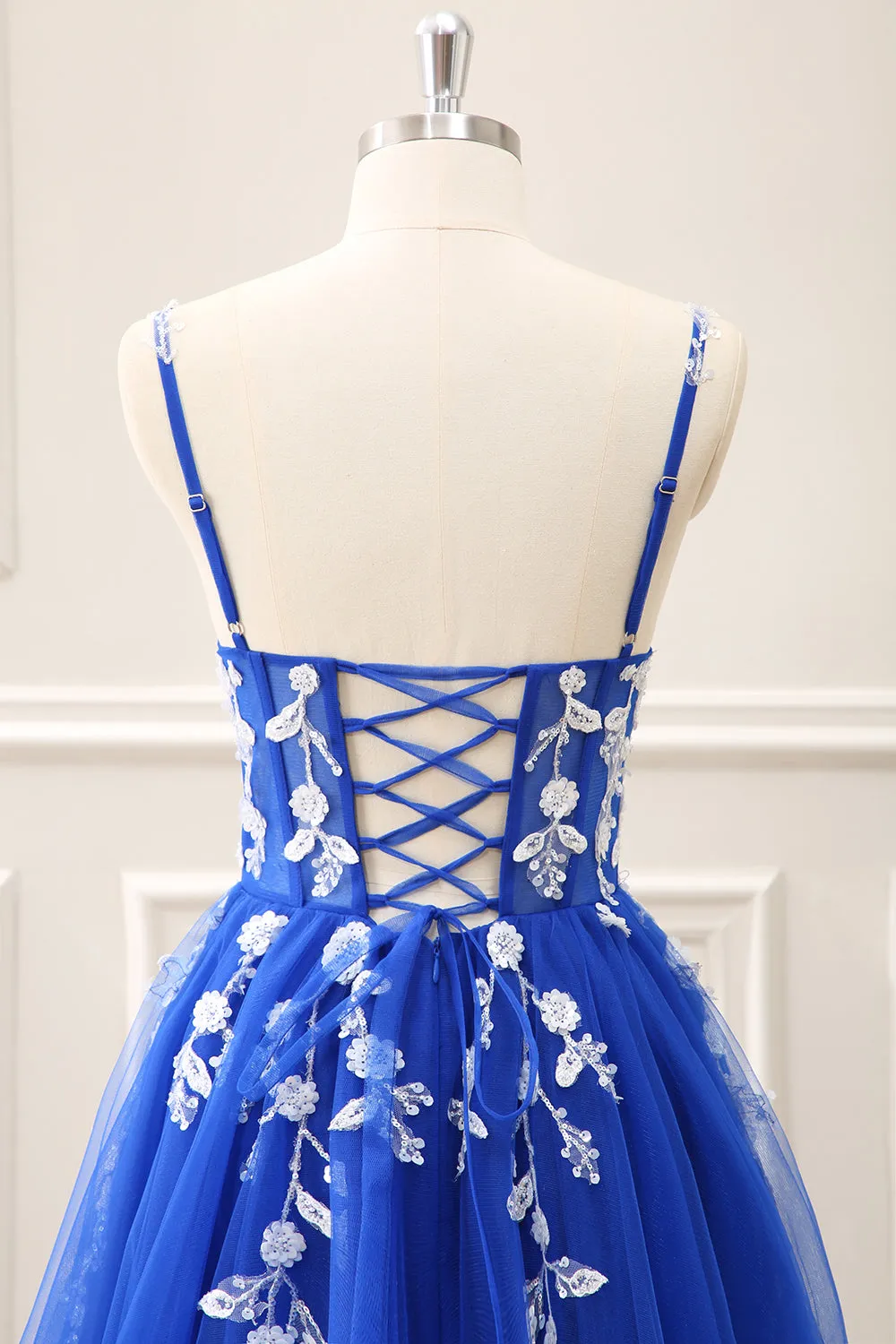 Royal Blue Corset Sequined A Line Tulle Maxi Dress with Appliques