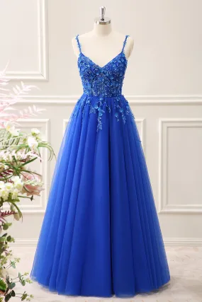 Royal Blue Corset Sequined A Line Tulle Maxi Dress with Appliques