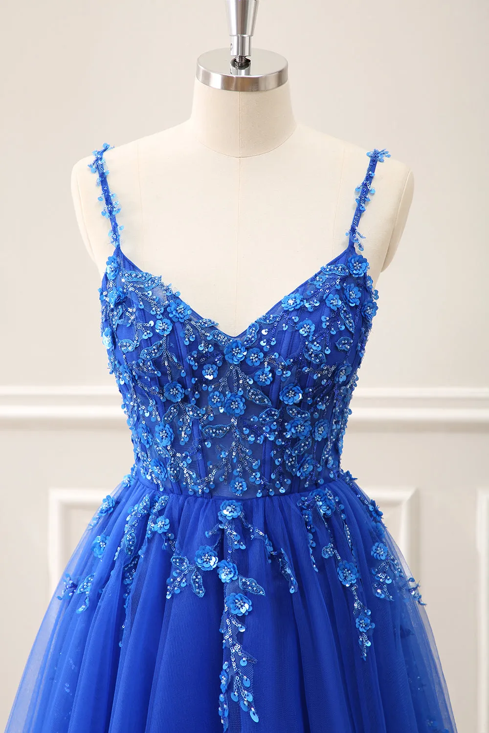 Royal Blue Corset Sequined A Line Tulle Maxi Dress with Appliques