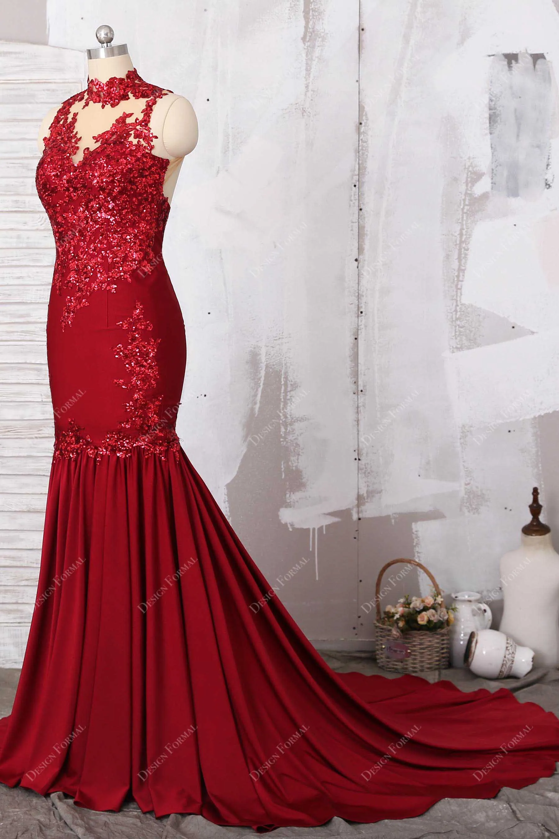 Ruby Sequined Lace Elegant Mermaid Knit Evening Prom Dress