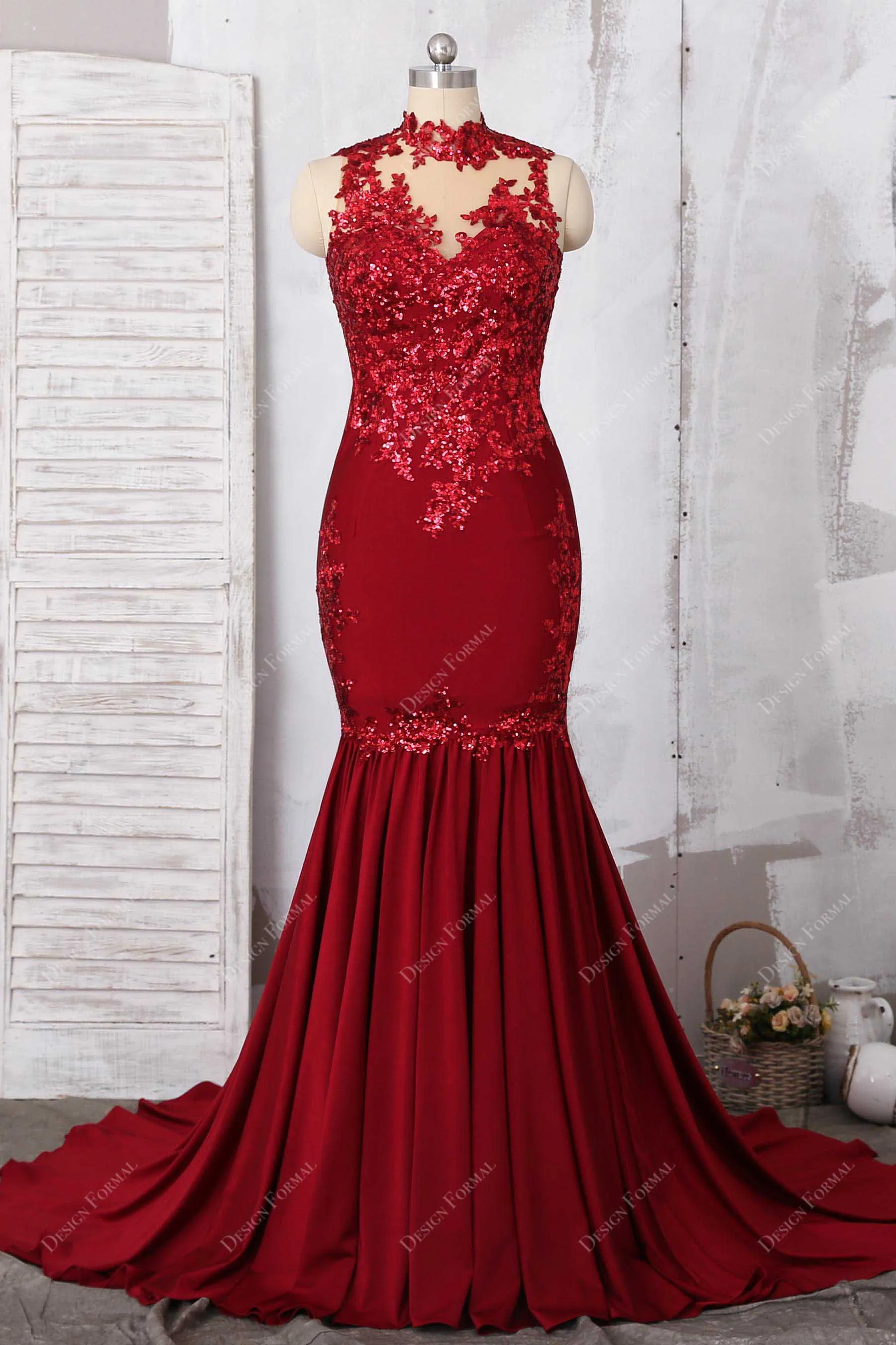 Ruby Sequined Lace Elegant Mermaid Knit Evening Prom Dress