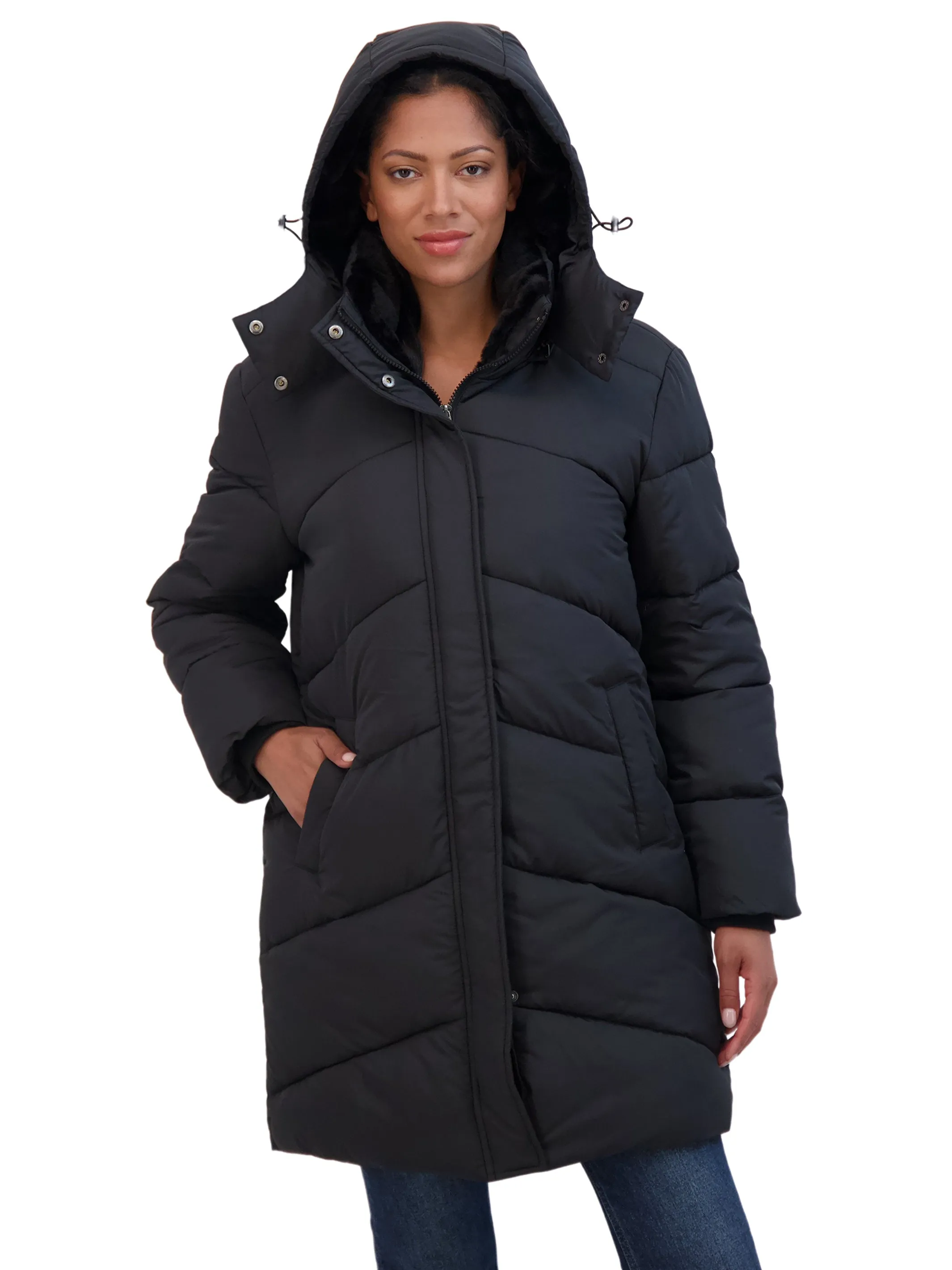 Sebby Collection Women's 3/4 Cozy Lined Hooded Puffer Coat