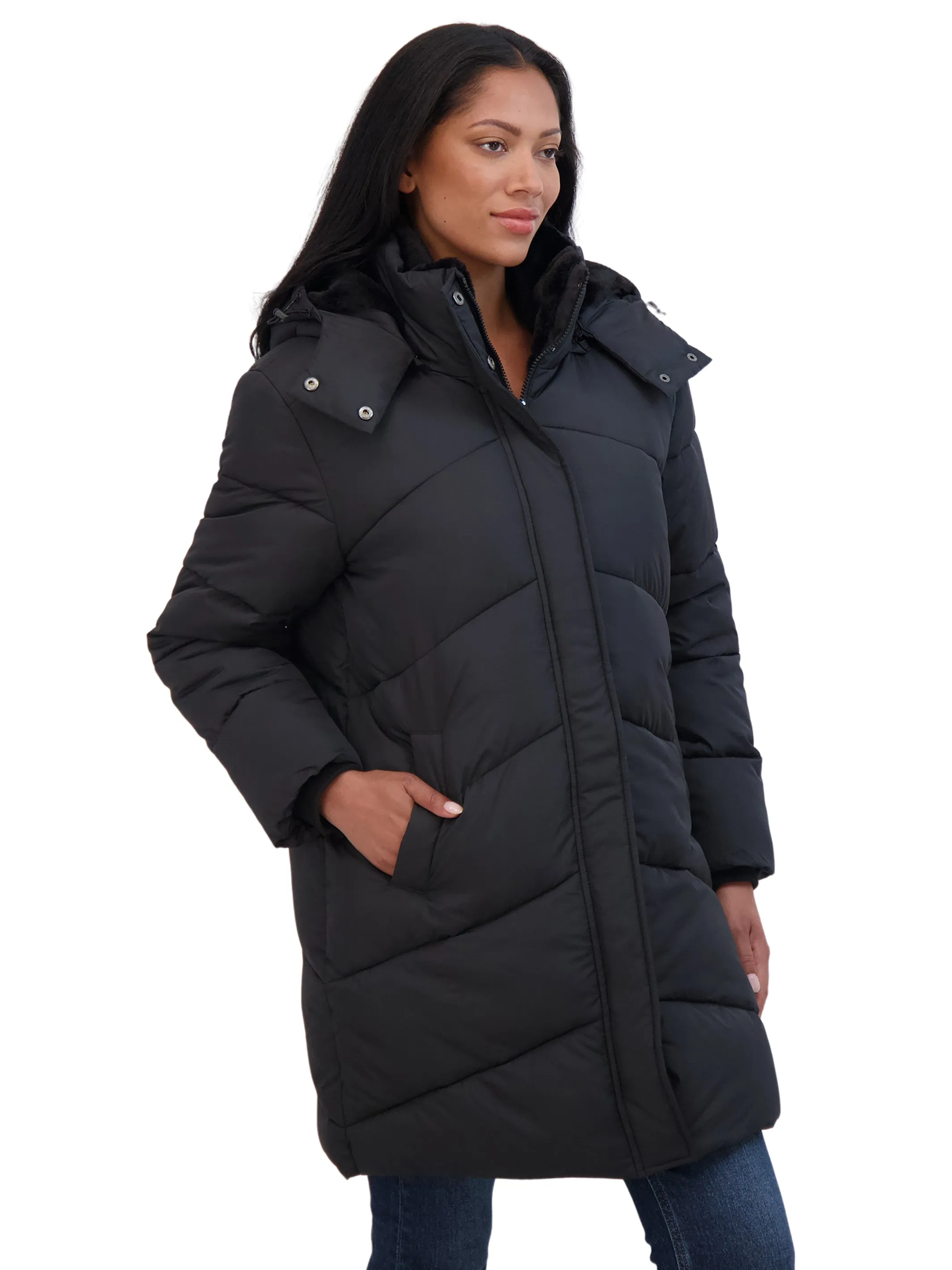 Sebby Collection Women's 3/4 Cozy Lined Hooded Puffer Coat