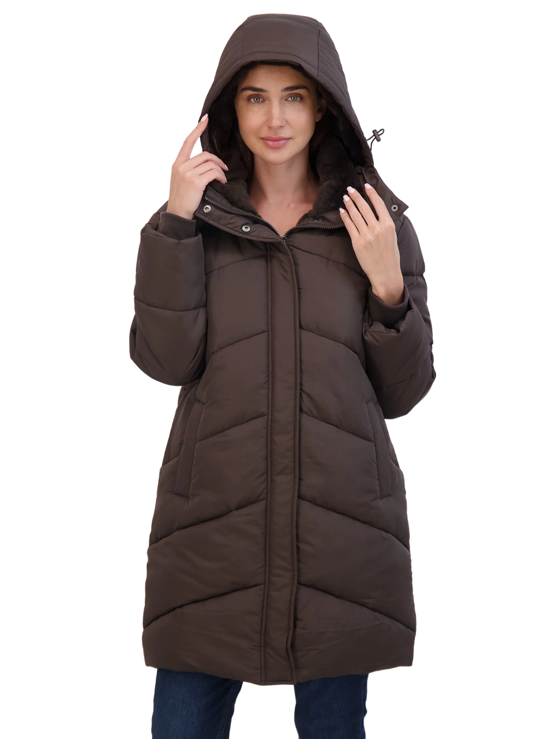 Sebby Collection Women's 3/4 Cozy Lined Hooded Puffer Coat