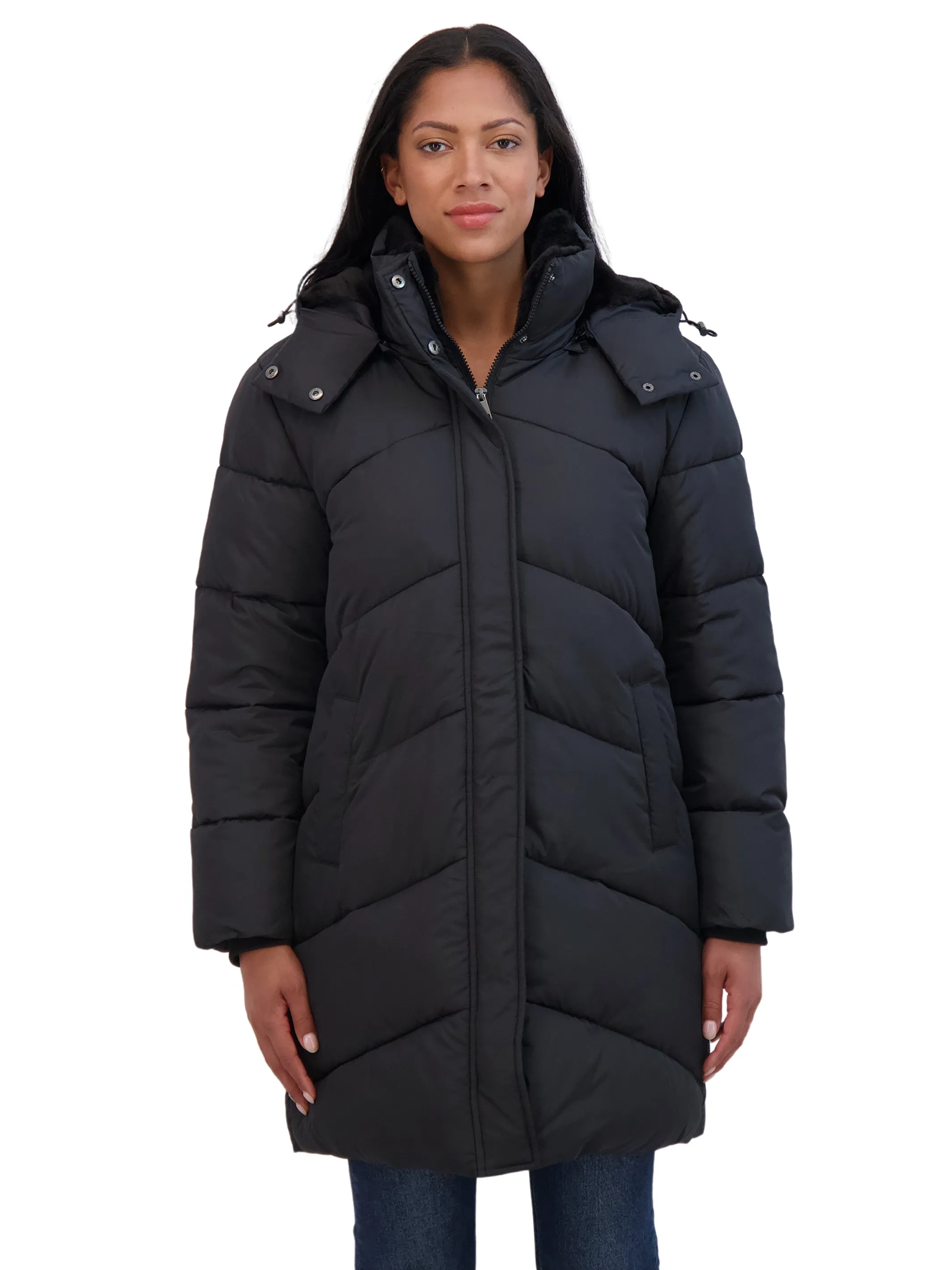 Sebby Collection Women's 3/4 Cozy Lined Hooded Puffer Coat