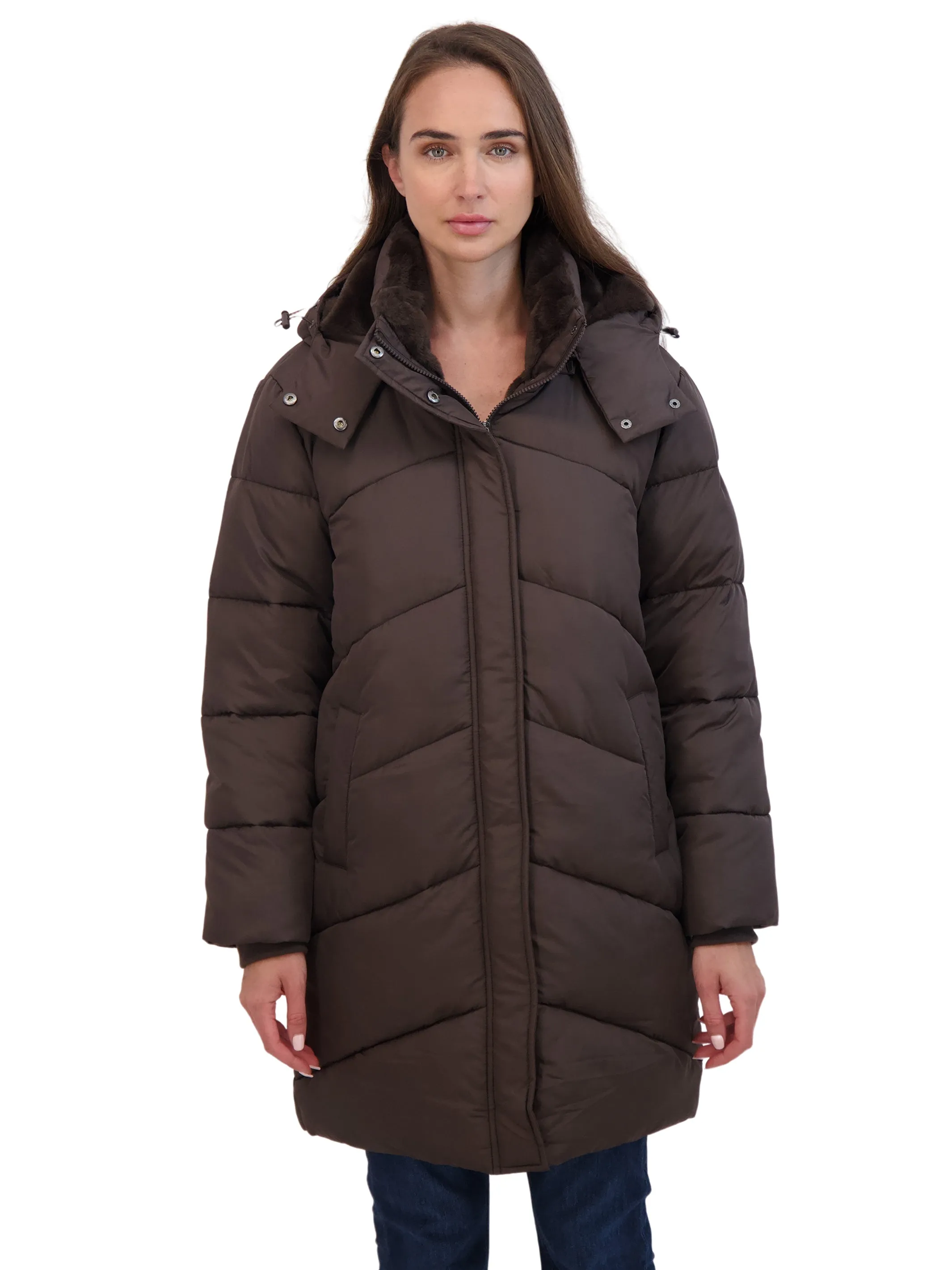 Sebby Collection Women's 3/4 Cozy Lined Hooded Puffer Coat