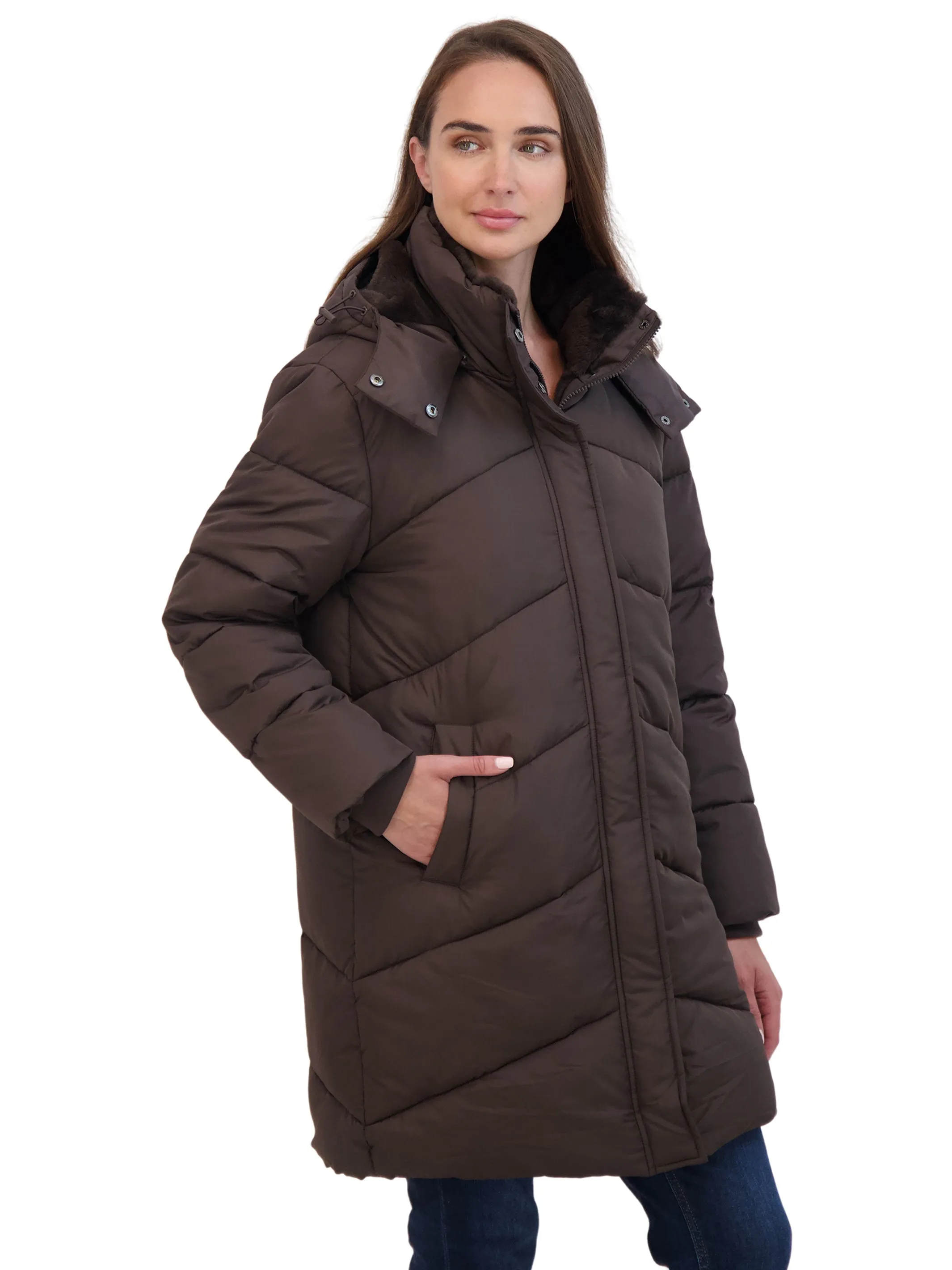 Sebby Collection Women's 3/4 Cozy Lined Hooded Puffer Coat