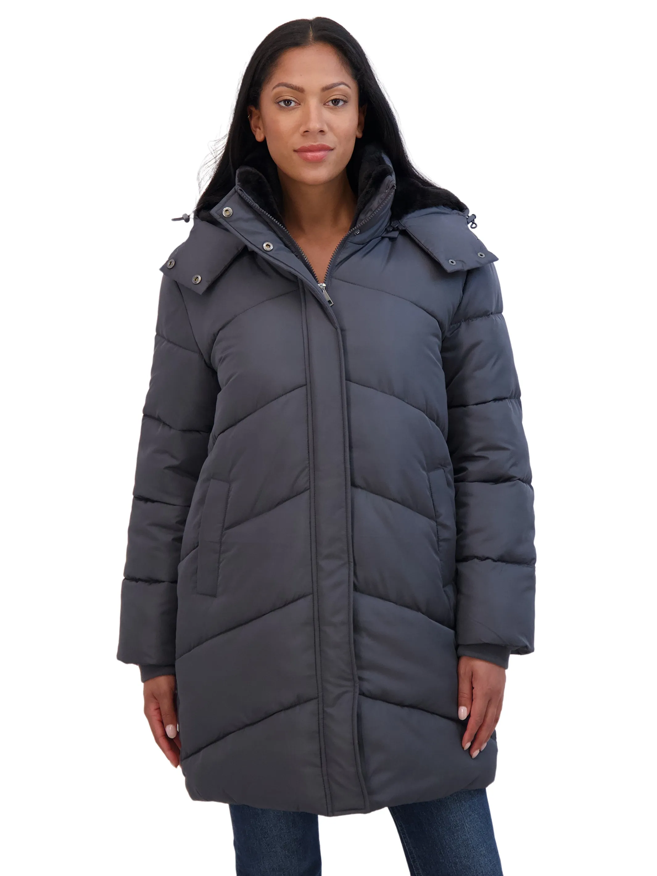 Sebby Collection Women's 3/4 Cozy Lined Hooded Puffer Coat