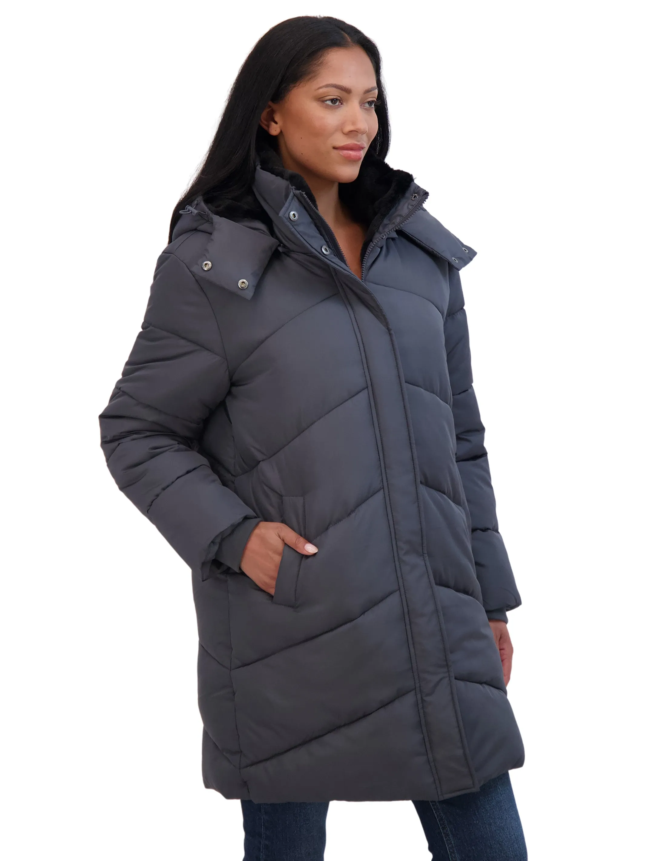 Sebby Collection Women's 3/4 Cozy Lined Hooded Puffer Coat