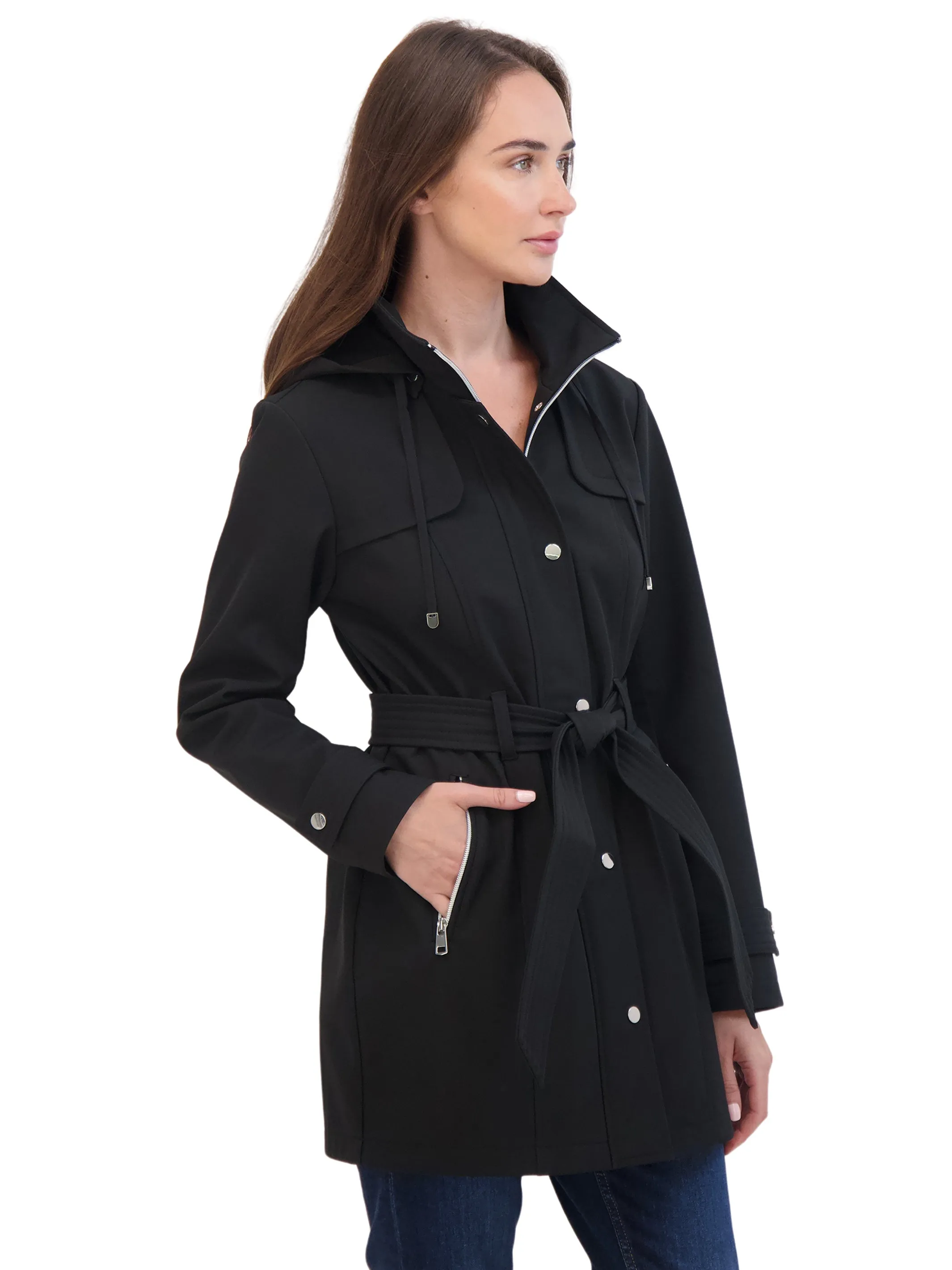 Sebby Collection Women's Belted Zip Front Soft Shell Trench Coat With Detachable Hood