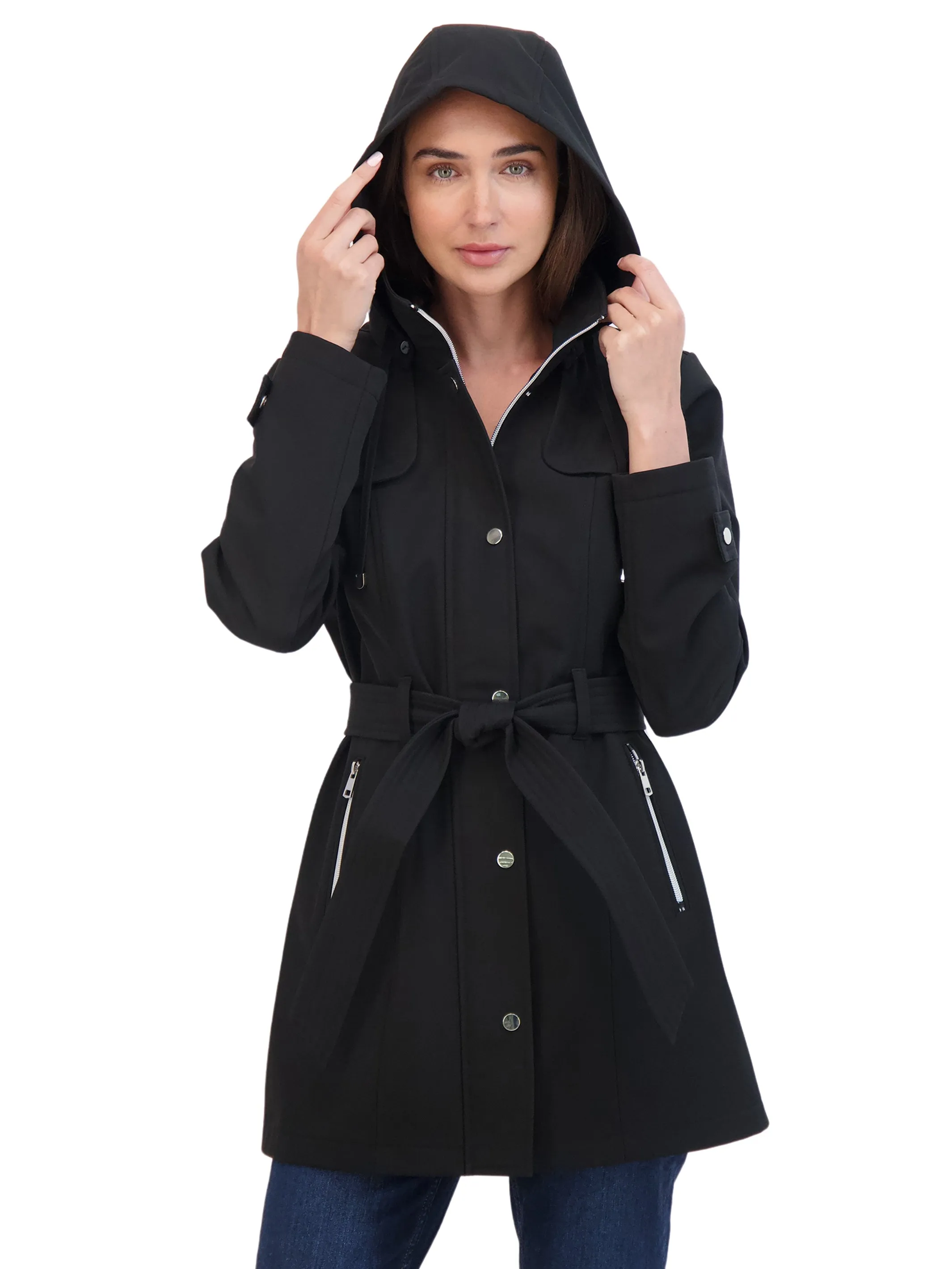 Sebby Collection Women's Belted Zip Front Soft Shell Trench Coat With Detachable Hood